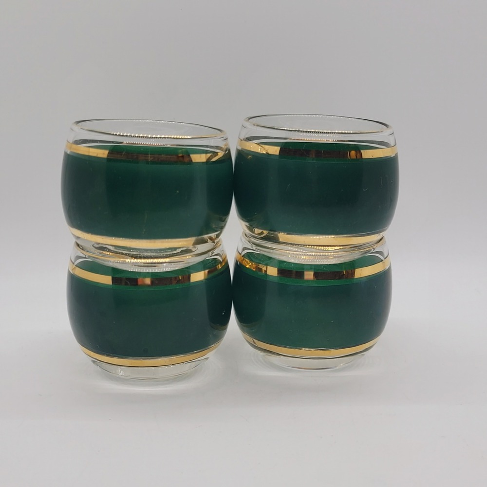 Vintage Green and Gold Roly Poly Glasses Mid Century Modern Barware Set of 4